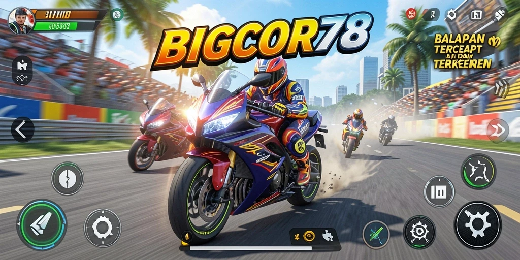 Screenshot utama BIGCOR78 menampilkan balapan motor yang mendebarkan.