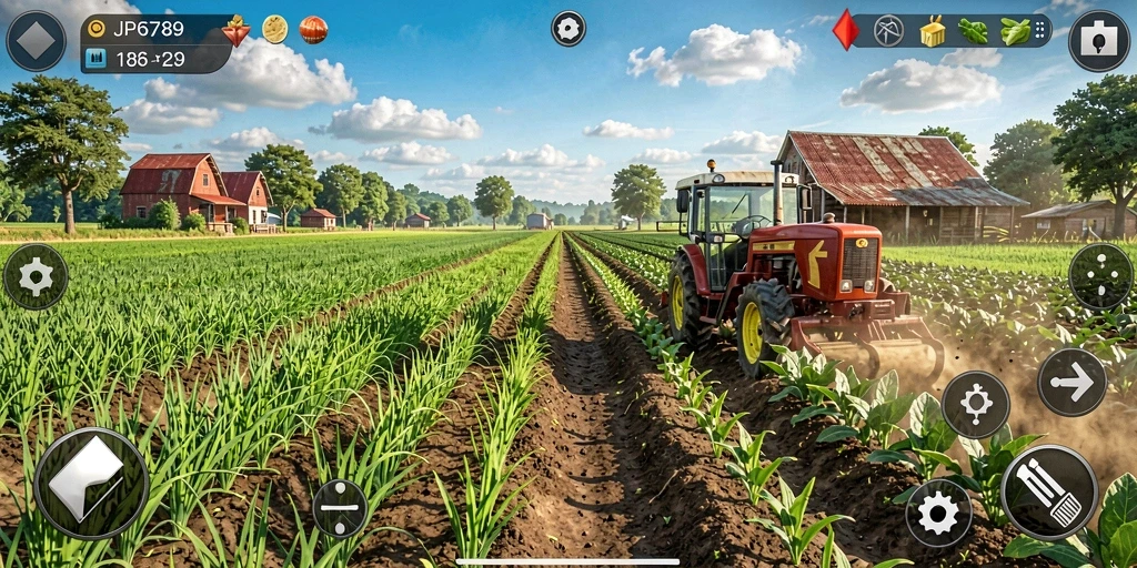 Tangkapan layar gameplay JP6789 yang memperlihatkan lahan pertanian yang subur.