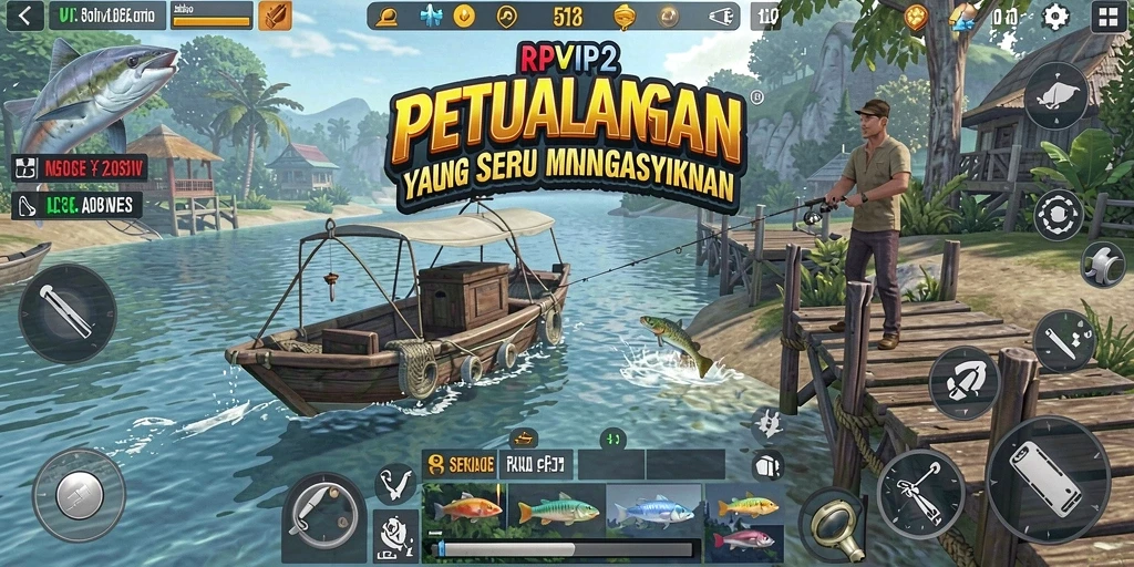Screenshot gameplay RPVIP2 dengan pemain menangkap ikan di danau.
