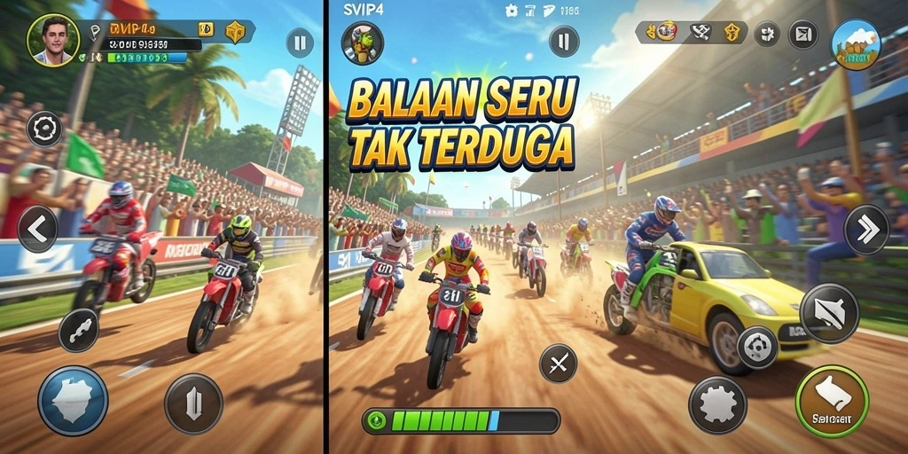 Tampilan gameplay seru dengan mobil balap melaju cepat di trek.